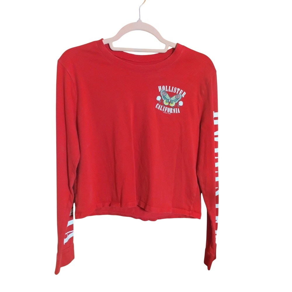 Hollister California Red Long Sleeve Crop Top Butterfly Graphic‎ Womens